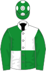 White and green (quartered), green sleeves, green cap, white spots
