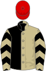 Black And Beige Halved, Chevrons on Sleeves, Red Cap