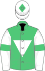 Emerald green, white inverted triangle, white sleeves, emerald green armlets and diamond on white cap