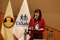 Yolanda Falcón durante conferencia en Colegio Médico del Perú