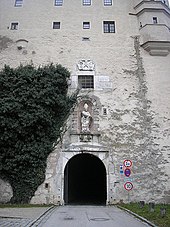 The main gate, appraoched from the East. Above the gate is a statue of St Willibald. The gate gives entrance to the gate hall which leads to the inner courtyard