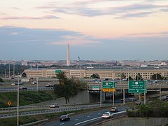 (July 2016) Interstate 395 passing by the Pentagon in Arlington, Virginia, with Washington, D.C. in the distance