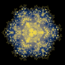 Blue, yellow, and gold fractal doily with a tilted hamster-face in the middle (that's just pareidolia, but inescapable). Triple symmetry with sharp points at 9 o'clock, at 1 o'clock, and 5 o'clock.