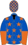 Royal blue, orange stars, halved sleeves, check cap