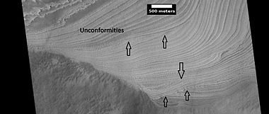 Unconformities in layers in Galle Crater, as seen by HiRISE. Arrows point to some of the unconformities.