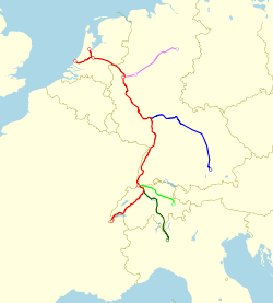 TEE线路图， 其中莱茵的黄金为红色所示，其他颜色为使用联运车厢通达的线路。