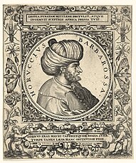 Profile of a bearded man in a turban surrounded by an ornate frame