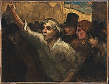 Painting of a woman raising her fist in a crowd