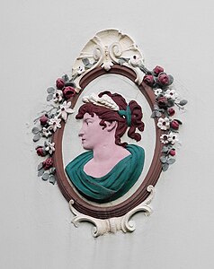 Rococo Revival polychrome medallion on the facade of Beckershoffstraße no. 7, Mettmann, Germany, unknown architect, 1902