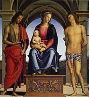《宝座上的圣母子与圣若翰洗者和圣巴斯弟盎》, 1493