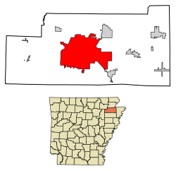 Location of Jonesboro in Craighead County, Arkansas.
