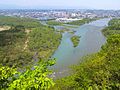 The Waga River (left) empties into the Kitakami River on the south side of Kitakami City. View from Otoka-yama