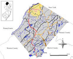 Map of Montague Township in Sussex County. Inset: Location of Sussex County highlighted in the State of New Jersey.