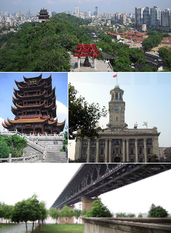 武汉市风光，由上至下顺时针方向： 黄鹤楼武昌方向远眺、江汉关大楼、武汉长江大桥、黄鹤楼