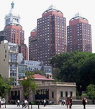 Zeckendorf Towers with the renovated north plaza of the park in the foreground, and the Con Ed Building in the background