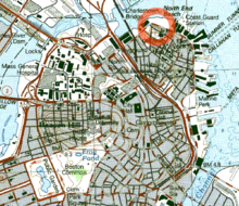 A scanned color map. The area around North End Beach and Charlestown Bridge is circled in red.