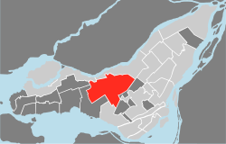 Location on the Island of Montreal. (Dark grey areas indicate demerged municipalities).