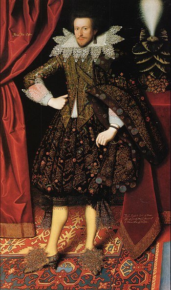 Dense floral Jacobean embroidery worn by Edward Sackville, 4th Earl of Dorset