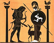 Drawing of a black-figure vase: Heracles, to the left, holds his club and wears a lion-skin, while Athena faces him with a shield, spear and helmet, a deer at her feet.