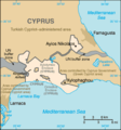 泽凯利亚基地区地图，从图中可以看出联合国缓冲区与几个塞浦路斯拥有的村落型态飞地间之相关位置。