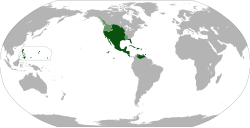 Anachronistic map showing all territories that were ever part of the Viceroyalty of New Spain (dark green). The areas in light green were territories claimed but not controlled by New Spain.
