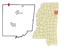 内特尔顿在门罗县及密西西比州的位置（以红色标示）