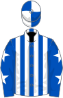 Royal blue and white stripes, royal blue sleeves, white stars, quartered cap