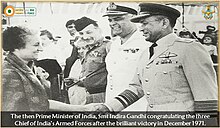 The Prime Minister of India, Indira Gandhi, congratulates the Chiefs of the three services, namely General Manekshaw, Admiral SM Nanda and Air Chief PC Lal.