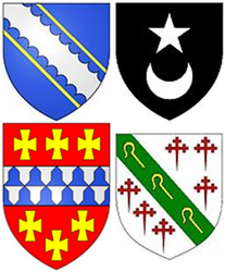 The shield in front of Richard Fortescue shows the following quartered arms: 1: Fortescue; 2: Denzil; 3: de Filleigh; 4: de Weare (or Trewin)