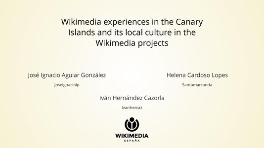 Wikimedia experiences in the Canary Islands and its local culture in the Wikimedia projects (by Joseignaciolp, Santamarcanda and me) at WikiArabia 2019