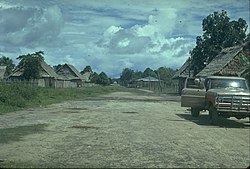 Main Street in Lagunas City in the Lagunas District of the Alto Amazonas Province, in the Department of Loreto, in Peru. This photo was taken in 1971 while working as a Geophysical Observer in oil exploration for Petty Geophysical.