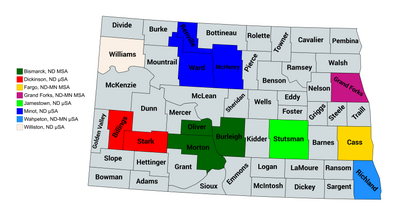 Map of the eight core-based statistical areas in North Dakota.