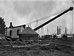 Steel cap used to cap burning oil well in Santa Fe Springs, California, 1928