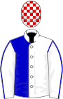 White and blue (halved), white sleeves, blue seams, red and white checked cap