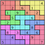 A Sudoku puzzle grid with many colors, with nine rows and nine columns that intersect at square spaces. Some of the spaces are filled with a digit; others are blank spaces to be solved.