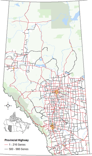 he alignments of both series of highways within Alberta's provincial highway system within other base features including hydrography, national/provincial parks, cities and city equivalents, and the provincial green and white zones.