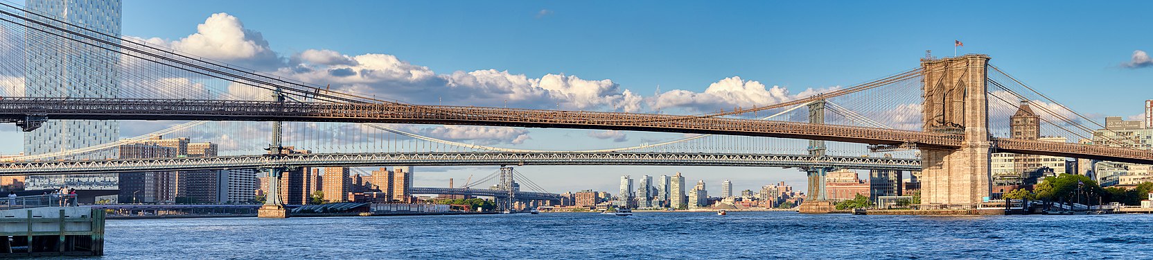Brooklyn Bridge, Manhattan Bridge, Williamsburg Bridge, and a "cloud bridge" before sunset.