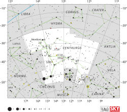 半人马座及其周围恒星位置和边界的星图。
