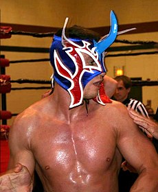An adult shirtless white male wearing a red, white, and blue mask.