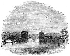 An 1855 woodcut with a casco (left) in a woodcut on the entrance to the Pasig River from Manila Bay
