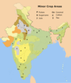 Minor crop areas in India: P pulses, S sugarcane, J jute, Cn coconut, C cotton, and T tea