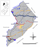 Location of Oxford Township in Warren County highlighted in yellow (right). Inset map: Location of Warren County in New Jersey highlighted in black (left).