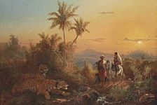 Javanese Landscape, with Tigers Listening to the Sound of a Travelling Group. 1849
