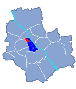 Location of Muranów neighbourhood (red) in the District of Śródmieście, Warsaw (navy blue)