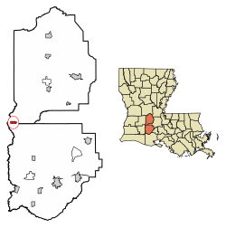 Location of Basile in Evangeline and Acadia Parishes, Louisiana.