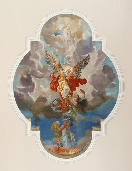 图为米迦勒教堂内的湿壁画，该古老教堂位于德国巴登-符腾堡州的布鲁赫萨尔，壁画描绘的是战胜撒但和堕落天使的天使长米迦勒。今天是米迦勒节。