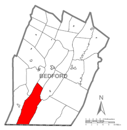 Map of Bedford County, Pennsylvania highlighting Cumberland Valley Township
