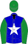 Blue, white star, green sleeves and cap