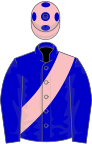 Blue, pink sash, pink cap, blue spots