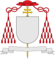 Galero gules with fifteen tassels per side, used by cardinals in place of a helmet (and patriarchal cross)